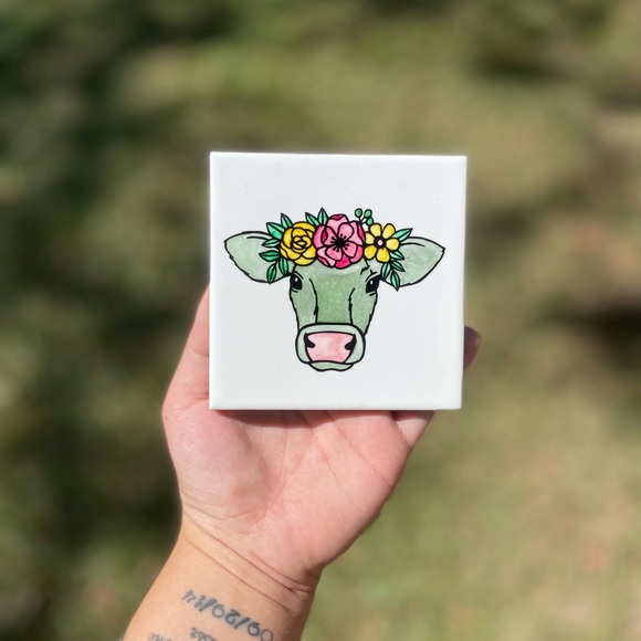 Handmade Other - Gray Cow with Floral Headband Ceramic Tile Decor - Farmhouse Decor